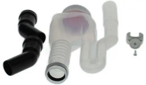 Siphon mit mehreren Anschlüssen und einem transparenten Teil. Teile zur Verbindung und Ableitung von Wasser, passend für Anwendungen von Bosch.